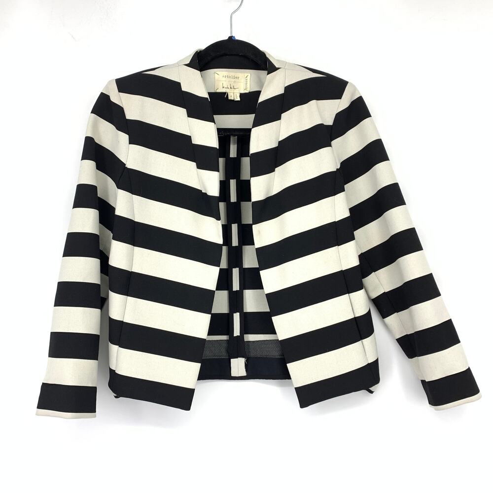 Nicole Miller Artelier Open Blazer Jacket Womens Size P XS Black White Striped